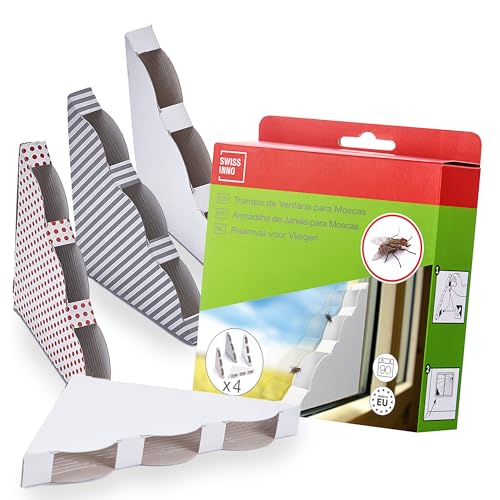 SWISSINNO Trampa de Ventana para Moscas – Pack de 4 Trampas Adhesivas Decorativas – Higiénico, Discreto y Limpio – Sin Olores ni Sustancias Activas – Ideal para Cocina, Baño o Salón