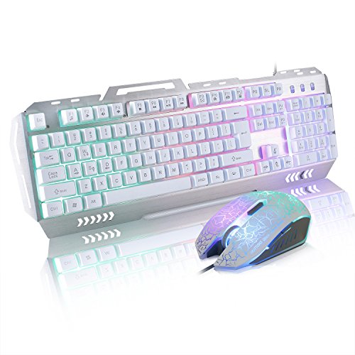Runsen Rainbow Backlit Gaming Keyboard and Mouse Combo,USB Wired LED Backlit Metal Panel(7 Color Backlit)