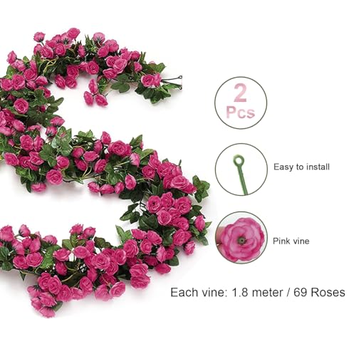 Image of TIED RIBBONS Pack of 2 Artificial Flower Vine Garland Creeper 69 Small Rose (183 cm) Garland for Decoration Wall Door Hanging Home Decor Balcony Indoor Office Ganesh Chaturthi Decorative Items (Pink)