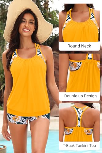 Image of Yonique Two Piece Tankini Bathing Suits T-Back Blouson Swim Tops with Boy Shorts Women Swimsuits Sporty Swimwear
