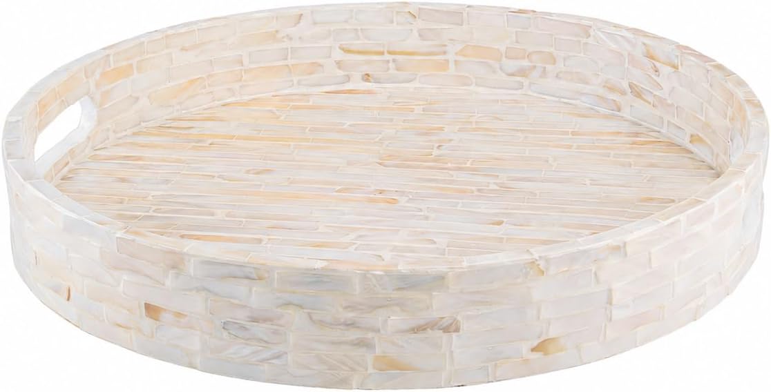 PEMAR 12.6โ Decorative Round Serving Tray, Mother of Pearls Inlaid Coffee Table Tray w Insert Handles,Nacred Wooden Ottoman Tray,Bedroom Tray,Cabin Tray. Decorative Platter Basket Tray (White Pattern)