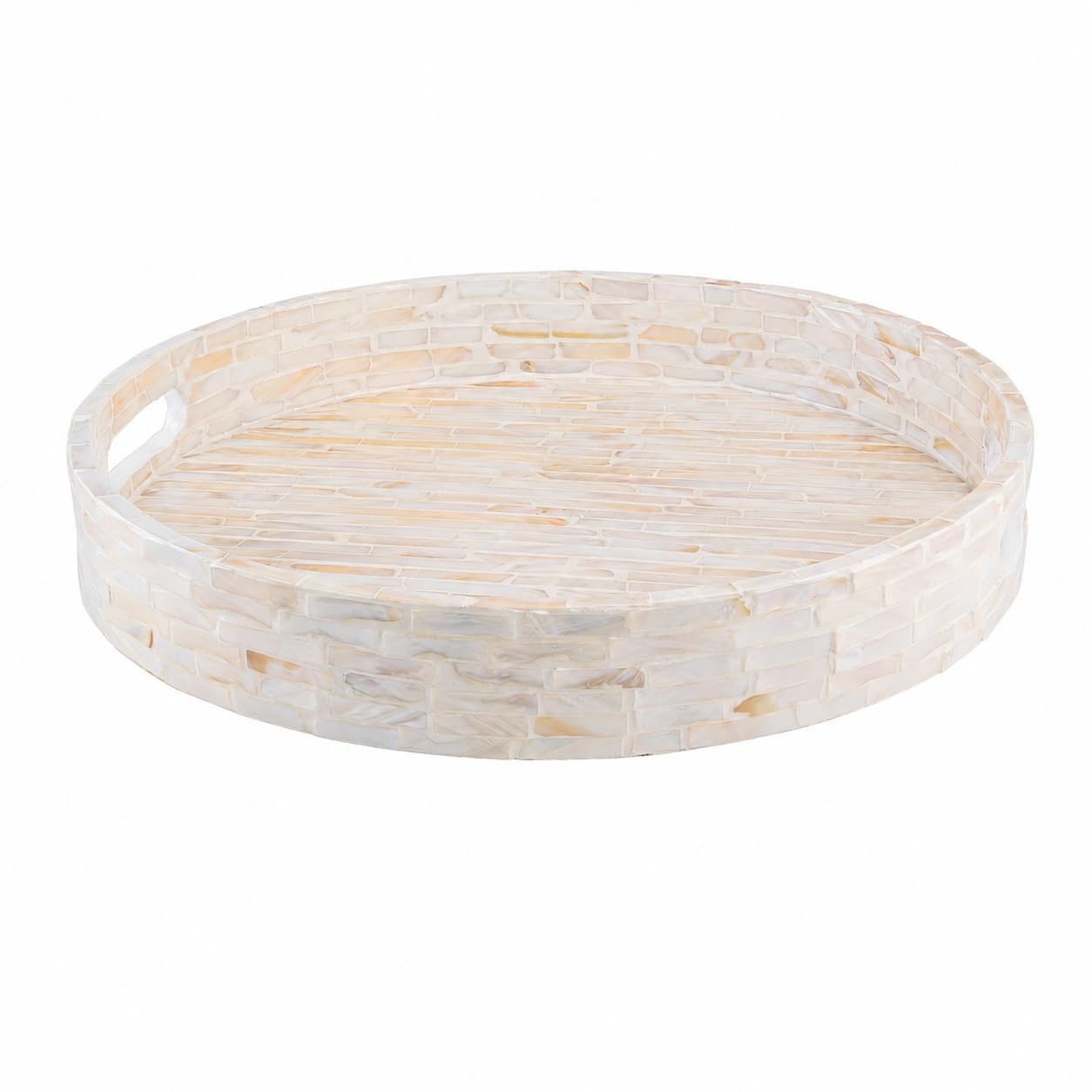 PEMAR Bandeja redonda decorativa para servir de 32 cm, bandeja de mesa de café con incrustaciones de nácar, con asas de inserción, bandeja otomana de madera nácea, bandeja de dormitorio, bandeja de