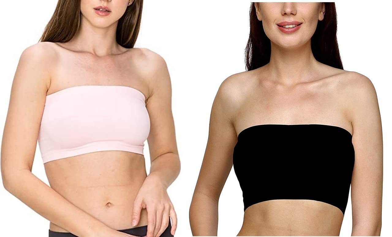 FASHIONIO - Women's Truly Seamless (Ice Cool Material) Nylon & Spandex Lightly Padded Non-Wired Bandeau Bra,Black+Light Pink Color,Free Size(28 to 34) - Pack of 2