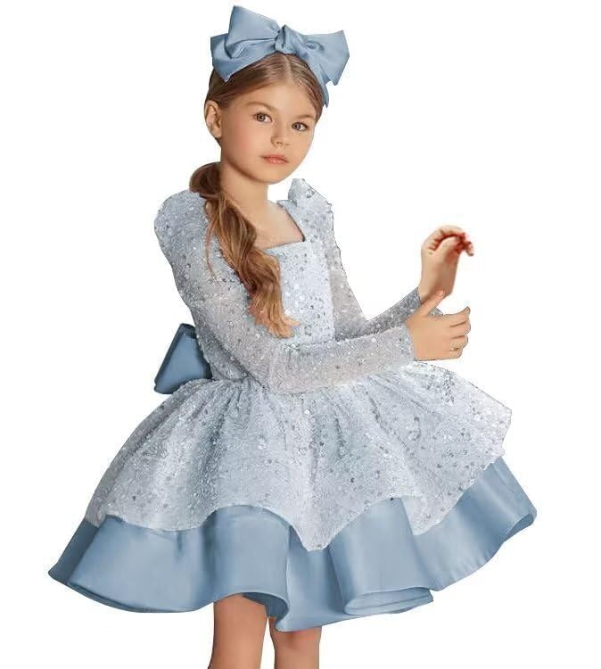 Sequin Flower Girl Dress Puffy Layers Birthday Party Dress with Bow Beautiful Princess Party Gown