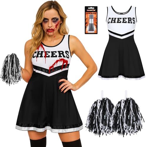 Déguisement Pompom Girl Femme Zombie Adulte - Costume cheerleader avec robe et pompons assortis et tube de faux sang, Déguisement cheerleader femme pour halloween, cosplay, carnaval