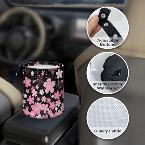 Image of Cherry Blossom Car Garbage Can Small Trash Can with Leak Proof Inside Liner And Hanging Strap Car Organizer Portable Car Essentials for Road Trip