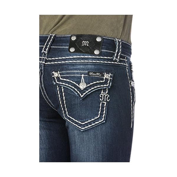 Miss Me Women's Loose Saddle Stitch Border Boot Cut Jean, Dark Blue, 34W x 32L