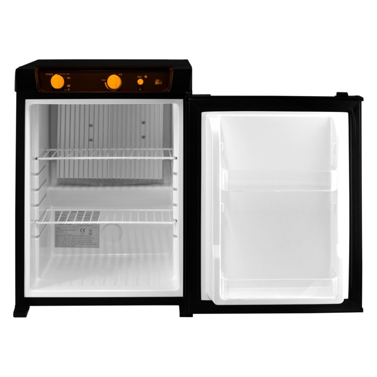 3-drożna lodówka kempingowa 43 l, chłodnica 240 V/12 V, lodówka gazowa, do kampera/przyczepy kempingowej RV, absorpcyjna, czarna, 100% bezgłośna, drzwi otwierane po lewej lub prawej stronie, wyjmowane