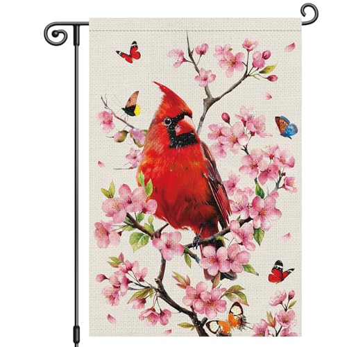 Louise Maelys Spring Floral Garden Flag Cardinal Butterfly Tree Double Sided 12x18 Inch Summer Seasonal Welcome Small Burlap Holiday Yard Sign Outdoor Outside Home Decor