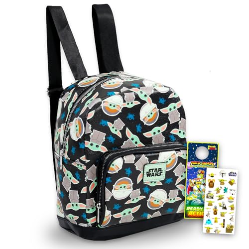 Baby Yoda Mini Backpack Set - Bundle with 12” Faux Leather Mandalorian Backpack Purse, Stickers, More | Star Wars Baby Yoda Small School Supplies Bag