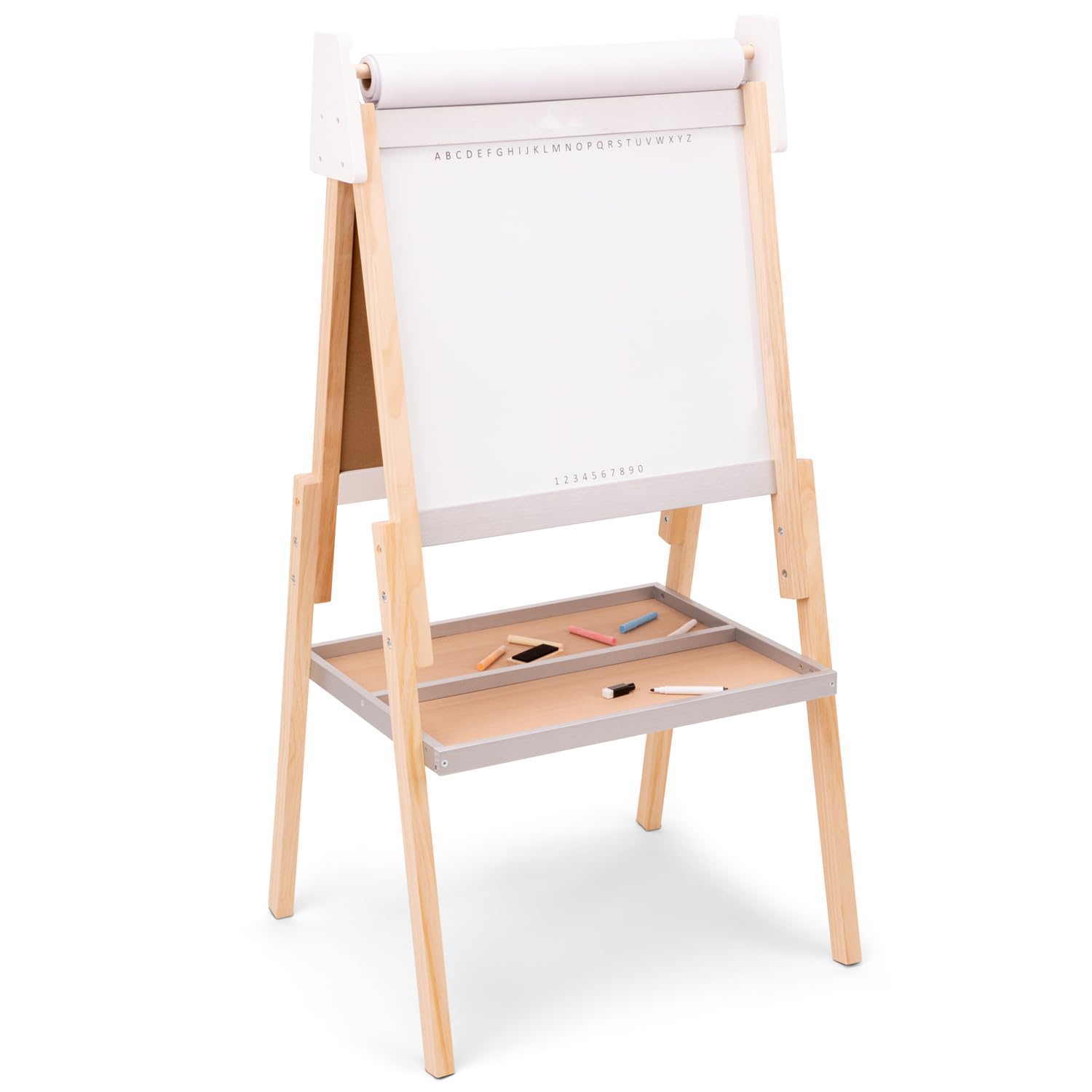 Woet® Caballete de Juguete Blanco y Gris de Madera para Niños - Pizarra Doble Todo en Uno - Dibujo y Juego Creativo - A Partir de 3 Años