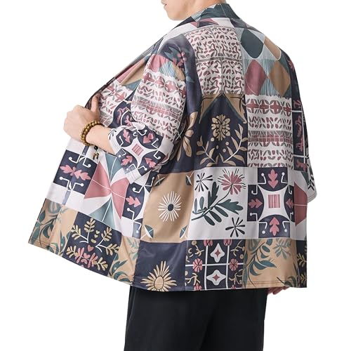 Image of PRIJOUHE Men's Japanese Kimono Cardigan Jackets Casual Long Sleeve Open Front Coat Lightweight Yukata Outwear