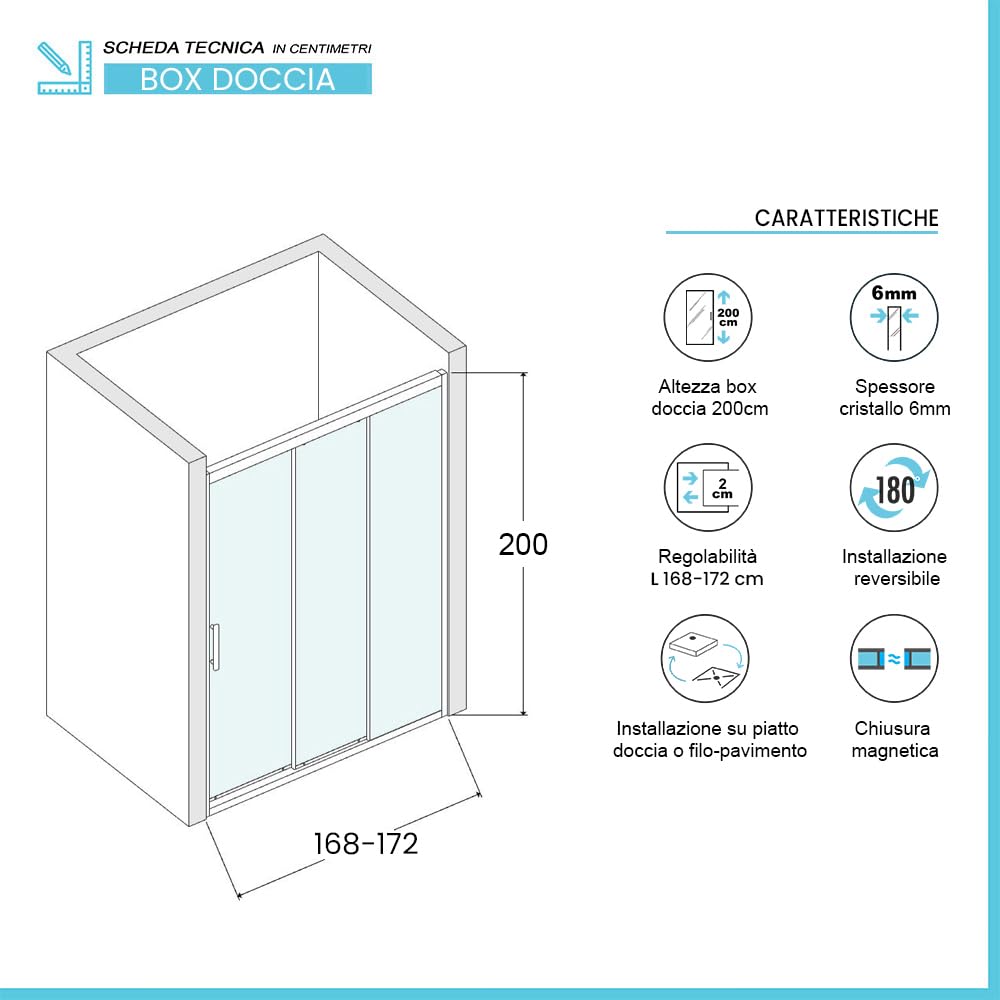 Porta Doccia per Nicchia 170 cm, 3 Ante Scorrevoli In Vetro Trasparente, Altezza 200 Cm Modello Ted