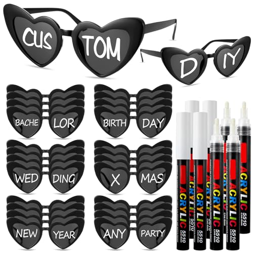 Flutesan 24 Pcs Personalized Heart Shaped Sunglasses Bulk Custom Sunglasses with 8 Pens for Adult DIY Bridal Party Favor