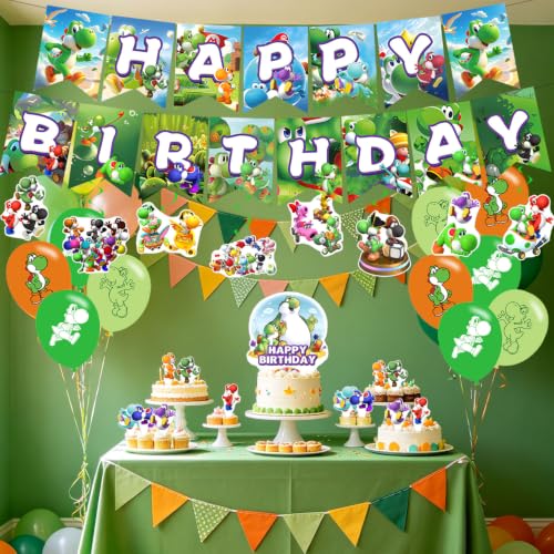Yoshii Birthday Party Supplies,Super Game Birthday Party Decoration, Yoshii Themed Happy Birthday Banner,Ballons and Cake Toppers Swirls for Boys Girls by prisia - Used condition - Image 7
