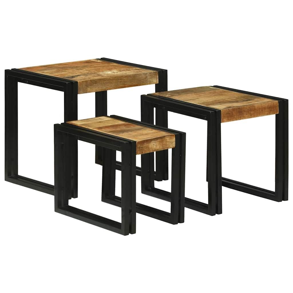 SXZenSpace 3-Piece Nesting Tables, 50×40×45 cm, Mango Wood & Iron, Stackable Side/End Tables
