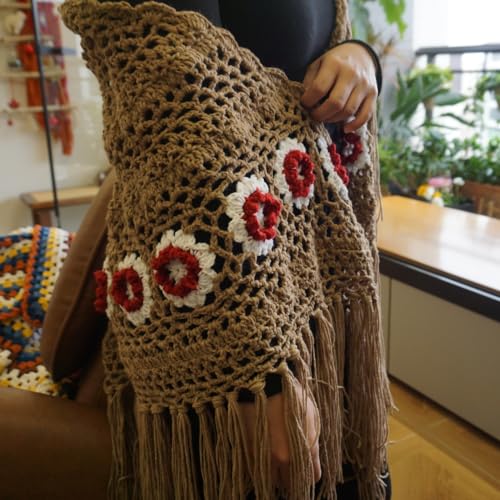 Handmade Crochet tassels Fringed Poncho Cape Shawls Wraps Granny Square Womens Coat Sweater 68x35in2