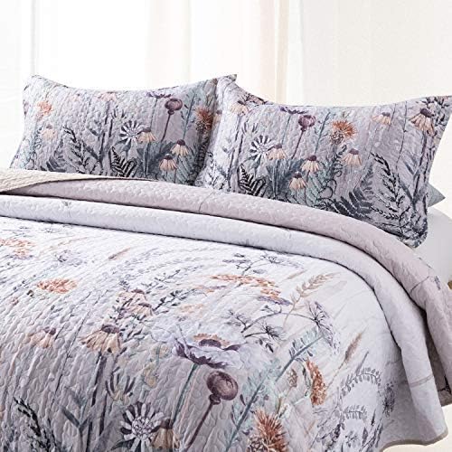 Honova King Quilt Set, Retro Leaf Flower Print Bedspread, Lightweight Soft Microfiber Quilted Coverlet 96"x106" with 2 Pillow Shams for All-Season