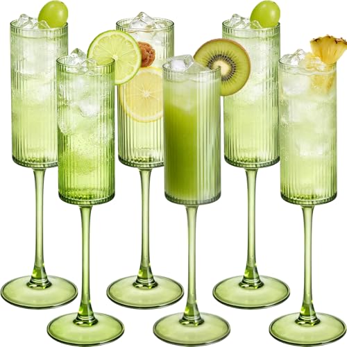 Champagne Flutes Set of 6,Vintage Ribbed Crystal Hand Blown 6 OZ Goblet Champagne Glasses Long...