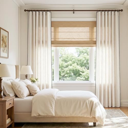 Image of jinchan Beige Linen Curtains with Black Trim Back Tab 50 x 84 Inch 2 Panels