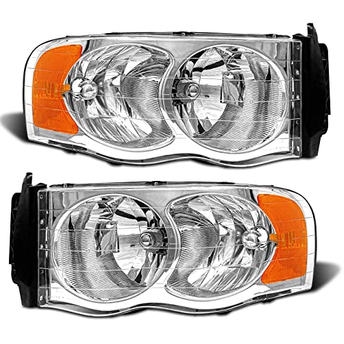 ADCARLIGHTS Headlight Assembly Compatible with 2002-2005 Dodge Ram 1500/03-05 Ram 2500 3500 Chrome Housing with Amber Reflector Clear Lens Headlamp Replacement Left and RightW/O Bulbs