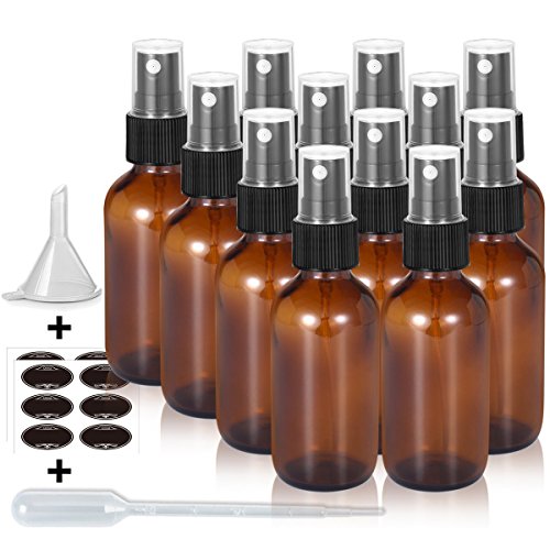 Olilia 2 oz Amber Glass Spray Bottles 12 Pack, with Black Fine Mist Sprayer Funnel Transfer Pipettes