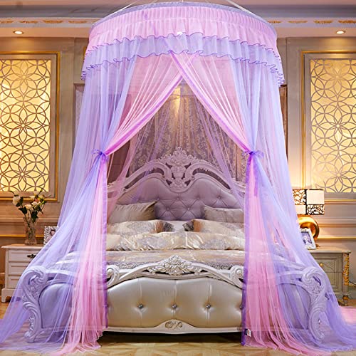 Bed Canopy for Girls Room Dome Pink Canopy Bed Curtains Ceiling Suspension Purple Mosquito Net for Bed Queen Size Blue Mosquito Netting Luxury Princess Canopy for Girls Bed Tent (Purple Pink)
