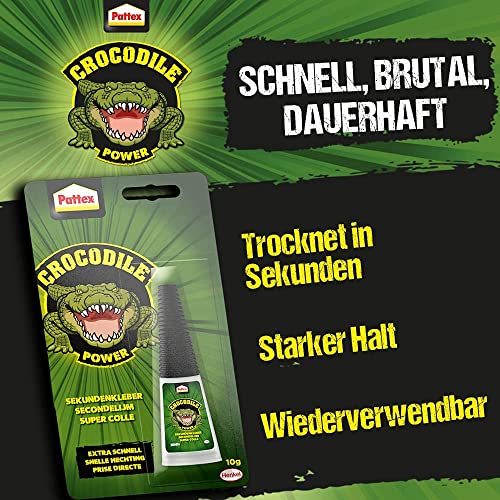 Pattex Crocodile Power Sekundenkleber, extra starker Superkleber, schnelltrocknender Alleskleber für Metall, Holz und mehr, wasserabweisend und transparent, 1 x 10g