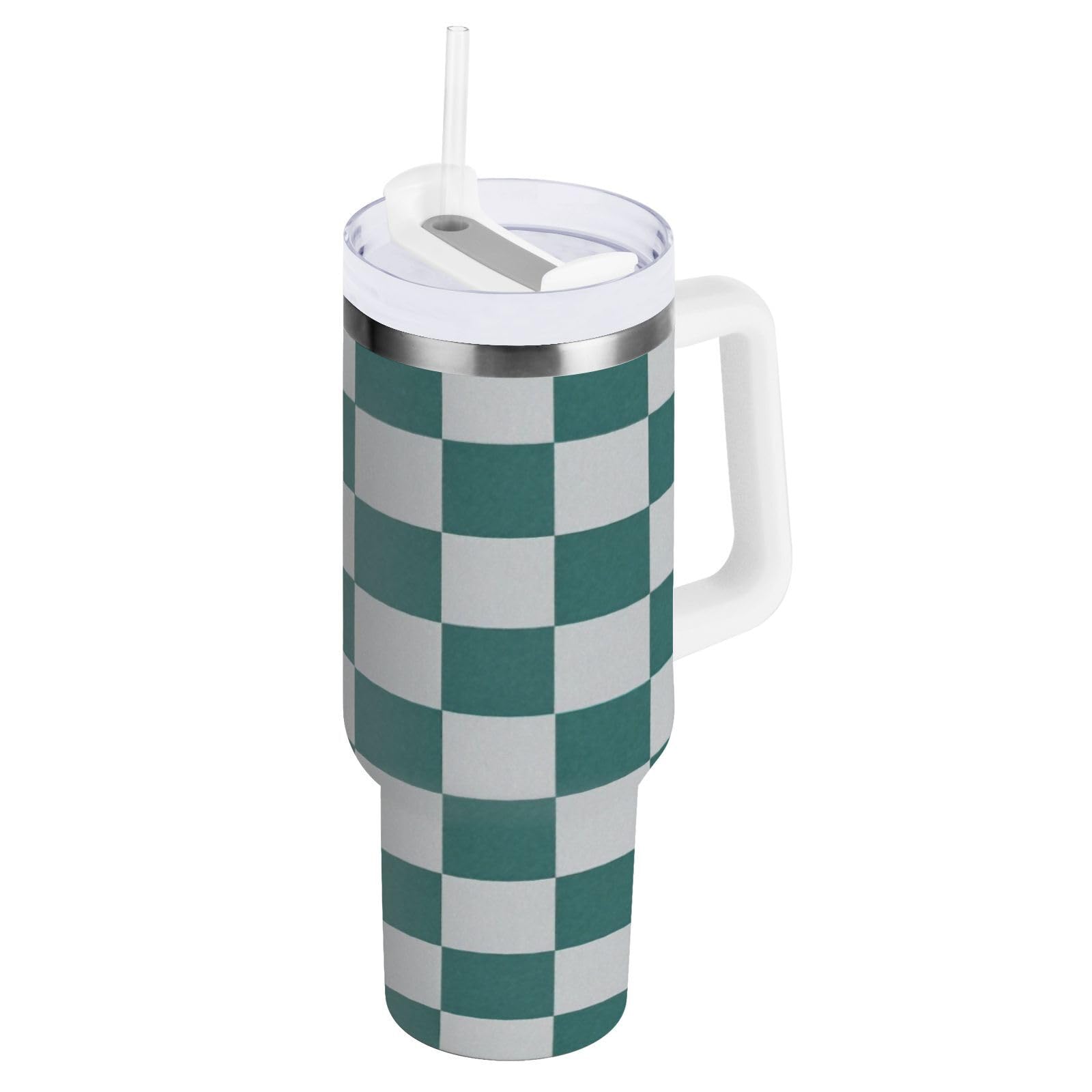 YANENDIE 40 oz Tumbler with Handle and Straw - Insulated Stainless Steel Water Bottle, Checkered Blue White Leakproof Travel Mug Keeps Hot/Cold for