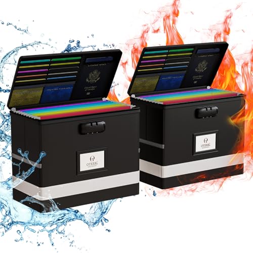 Oterri 2 Pack Fireproof Document Box With Lock, Portable File Safe Box Fireproof Waterproof For Letter Files, Collapsible Fireproof File Box With Handle Black Black Small-2 Pack