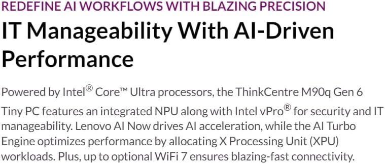 Lenovo ThinkCentre M90q Gen 6-13ACCTO1WWUS1- Desktop Computer - Intel Core Ultra 5 235T-16 GB -512GB PCIE- Tiny - Black