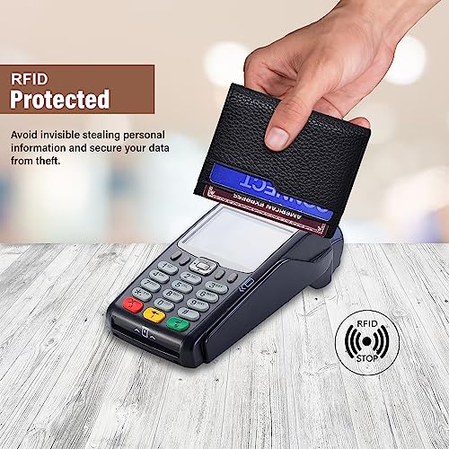 Leather Bi fold RFID Wallet Men (Black), Slim Card Holder, 6 Cards Slots Quick Acces Card Holder with Cash Compartment, Fits Front Pocket4