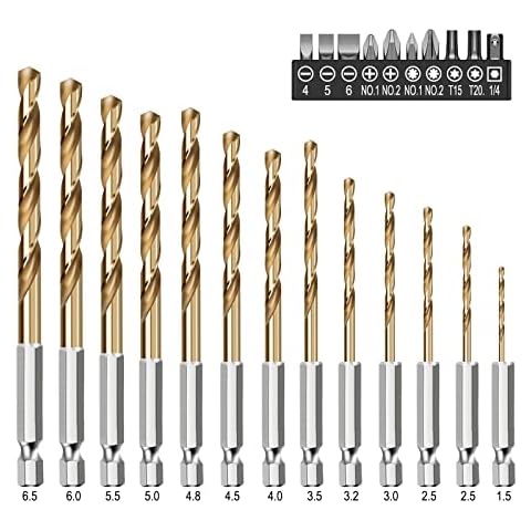 Mostop Combination Drill Bit Set, Titanium Twist Drill Bits & Electric Screwdriver Bits, High Speed Steel Drilling Tool 1.5mm-6.5mm, for Metal, Steel, Wood, Plastic, Copper Cover