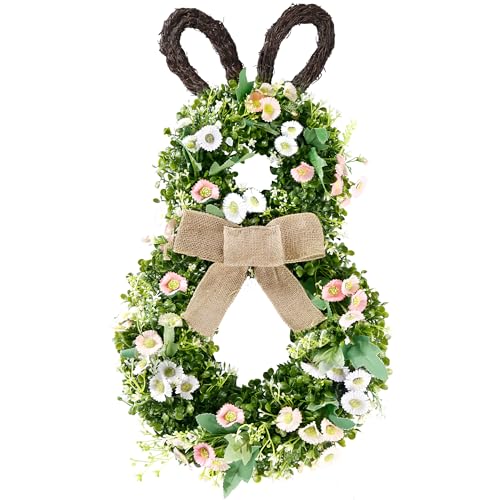 Sggvecsy 24 Inch Easter Bunny Wreath Spring Bunny Shaped Artificial Flower with Greenery Colorful Daisies Bow Knot for Front Door Summer Farmhouse Holiday Wall Home Window Decor