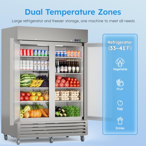 Image of Mojgar 54 inch W Commercial Refrigerator,52 Cu.ft Industrial Refrigerator,All Stainless Steel Design,8 Adjustable Shelves,Pure Copper Compressor,Built-in LED Light