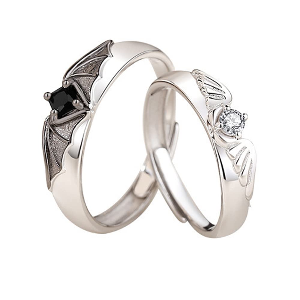 JemantAngel And Devil Wings Rings For Couples Him And Her Silver Black Zircon Goth Anime Cute Aesthetic Couple Matching Rings For Woman Man Angel Devil Wings Sets For His And Her Best Friends