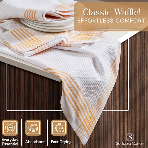 Image of Waffle White & Multi Colors Kitchen Towels Set of 12, 100% Cotton, 16x26 inches, Durable Dish Towel, Quick Dry Dishcloths, Ideal for Drying, Wiping - Mustard Yellow, Sky Blue, Brown