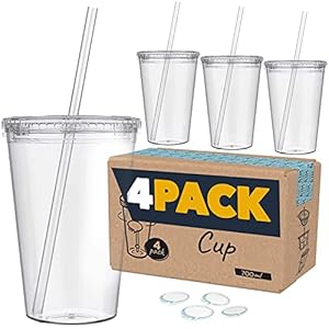 Marfrand harde plastic beker met deksel en rietje, BPA-vrij, incl. herbruikbare stickers en e-book voor cocktails, set met 4 herbruikbare kunststof glazen, 700 ml (transparant)