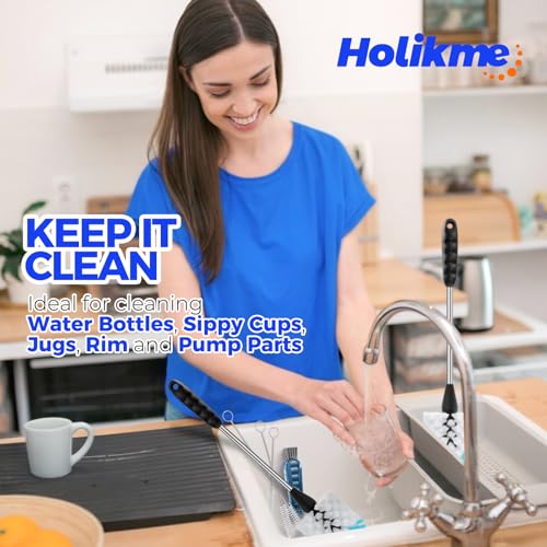 Image of Holikme 6 Pack Bottle Brush Set, 14 inch Long Handle Stainless Steel Bottle Cleaner Brush, 3 Straw Brushes, 4-in-1 Bottle Cleaning Brush for Water Bottle, Baby Bottle, Blue&White