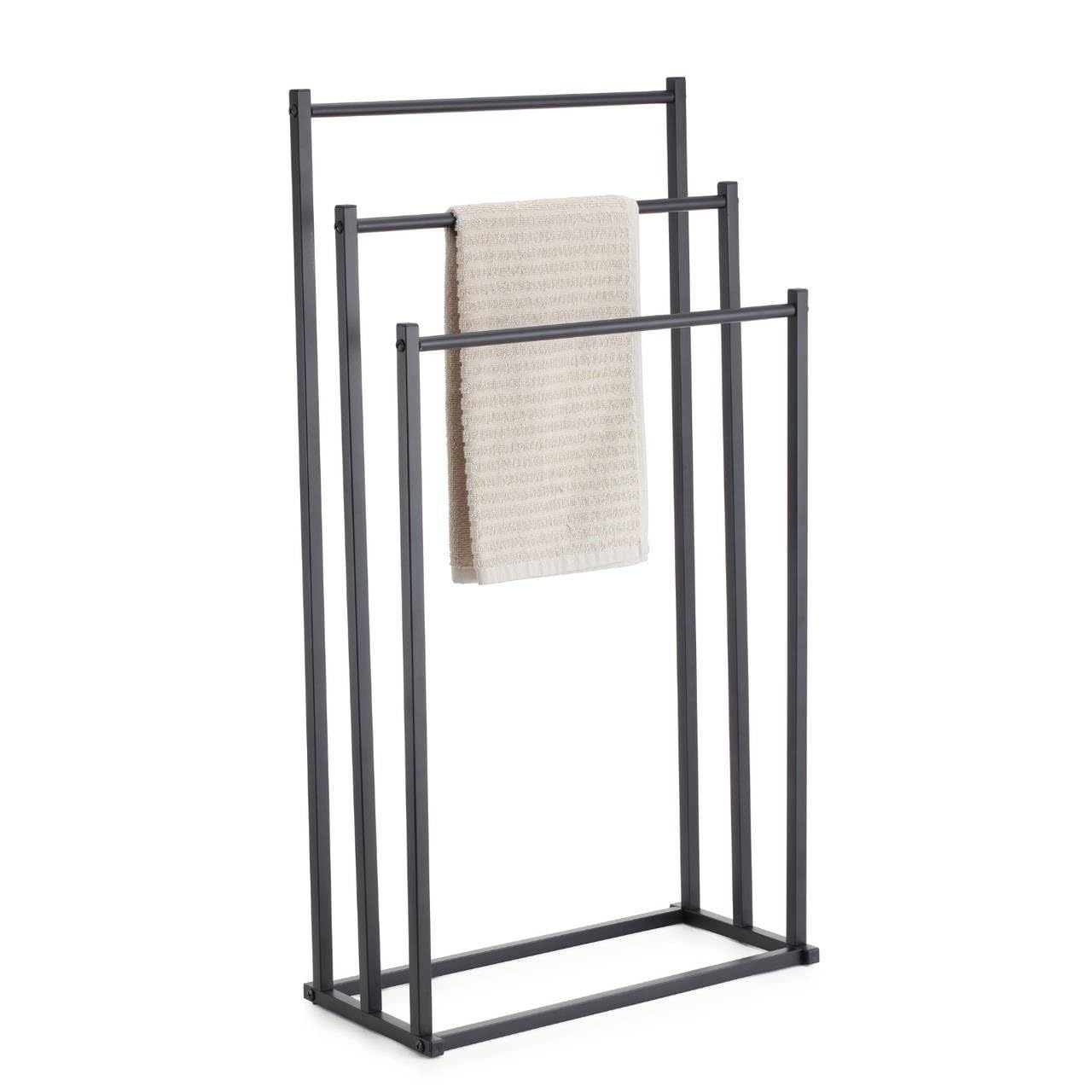 Urbnliving Black 3 Tier Freestanding Towel Rack, Metal Frame, Staggered Airflow Design Drying Stand, Space Saving Floor Holder For Bathroom Bedroom Utility Room Laundry Use