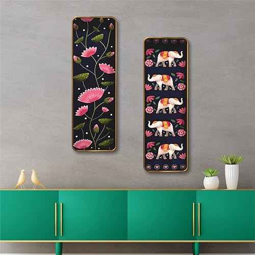 Image of Livin'luxe Lotus & Elephant Set of 2 Vertical MDF Wall Panels | Premium Sparkle Lamination Finish | Artistic Floral & Animal Print Wall Decor for Living Room & Bedroom 20 Inch x 30 Inch