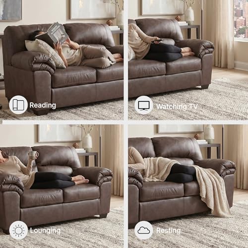Image of Signature Design by Ashley Faux Leather Loveseat Sofa Couch, Umber Brown | No-assembly 66 in profile, Anti-sag platform foundation with jumbo stitching, WalkerPoint Series