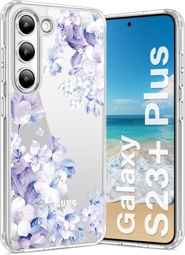 Image of Elzzi Transparent Flower Cover for Samsung S23 Plus Case Shockproof Floral Design Full Camera Protection Shockproof PC+TPU Covers for Girls & Women (Purple)