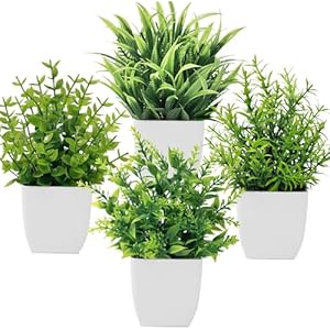 Bafenli 4 Pièces Mini Plantes Artificielles Verdure Plastique Faux Plantes avec Pot pour Maison Salle de Bain Bureau Table Décoration