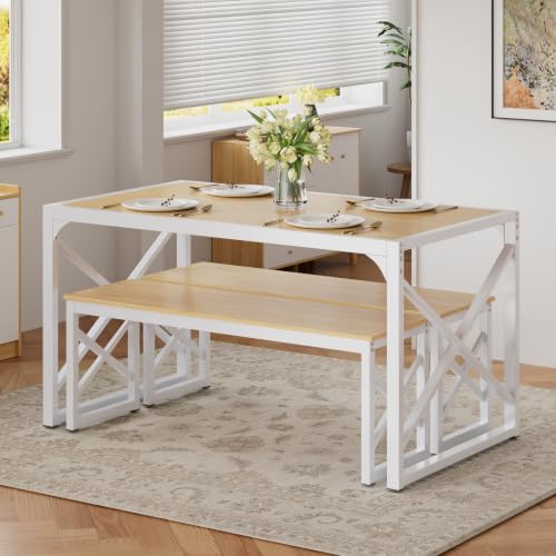 Image of VECELO 55 inch Kitchen Dining Table Set for 4, Heavy-Duty Steel Frame & Wood-Grain Tabletop, Space-Saving Dinette Sets with 2 Benches for Breakfast Nook and Small Space, Natural