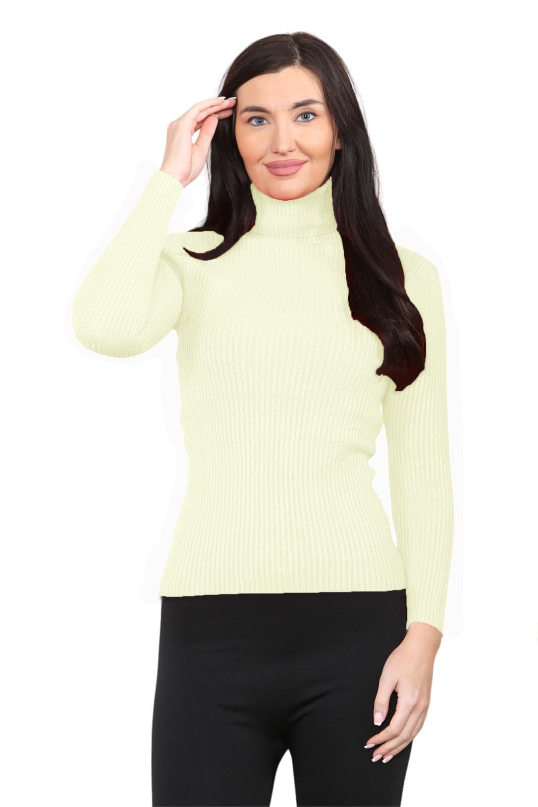 Gostyles Women's Cream Gostyles® Ribbed Knitted High Polo Roll Neck Jumper, Casual Smooth Stretchy Pullover Knit Turtleneck Plain Sweater Top (, 14)