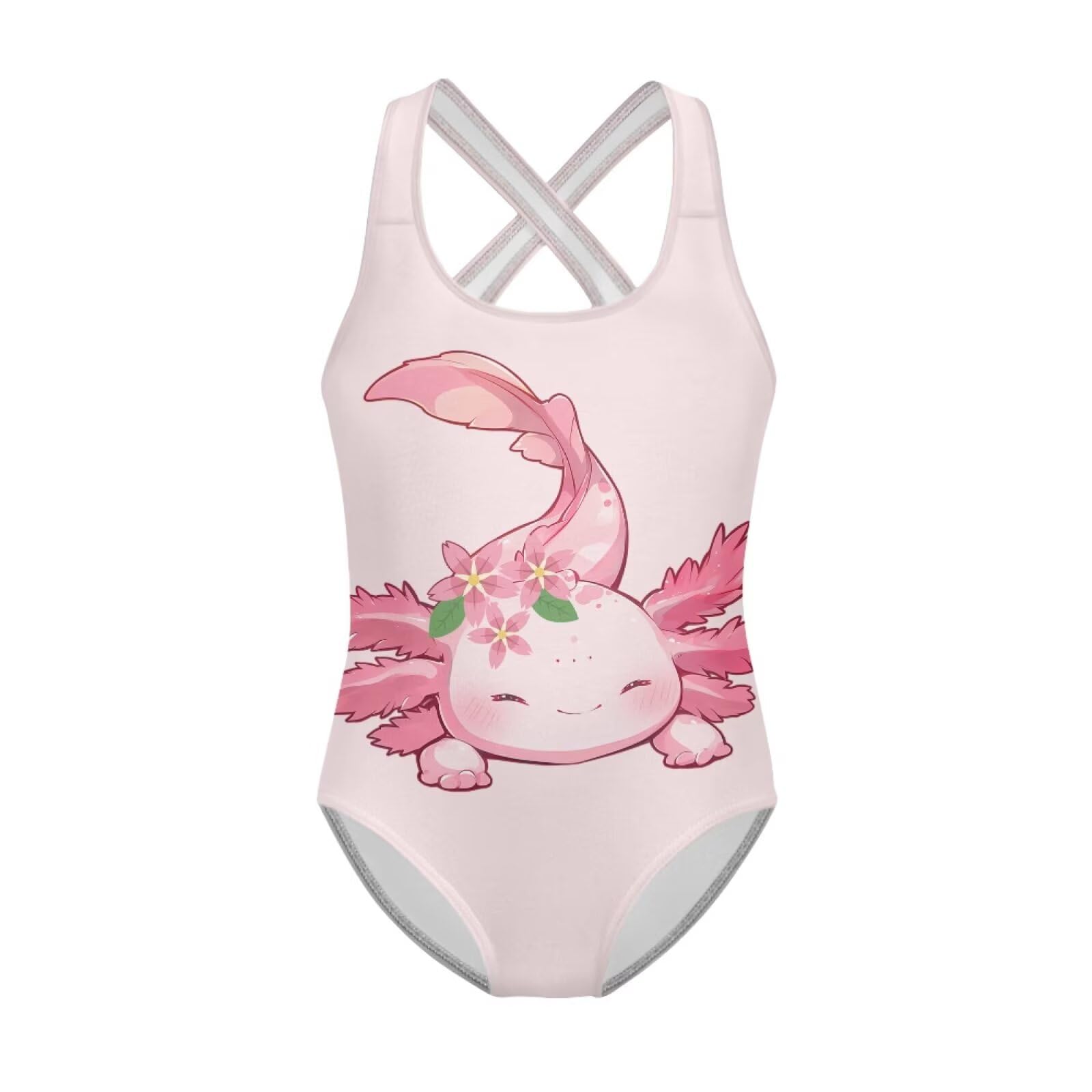 Girls One Piece Swimsuits Axolotl Cross Back Swimwear Beach Summer Quick Dry Beach Bathing Suit