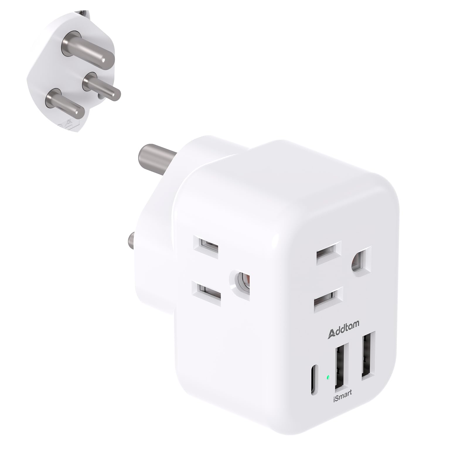 India Power Adapter, Addtam Type D Plug Adapter with 3 American Outlets 3 USB Ports(1USB C), 6 in 1 India Travel Plug Adapter for US to India, Bangladesh, Kuwait, Maldives
