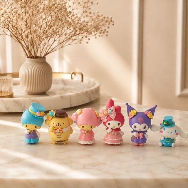 Image of Awestuffs Spring Flower Kuroomi Mini Figurine Set | Pastel Decorative Toy Collection | Desk Decor, Cake Topper & Gift for Kids & Collectors (Set of 6)