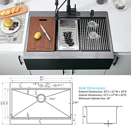 33 Inch Drop In Farmhouse Kitchen Sink-Bokaiya 33 X 22 Inch Black Farmhouse Apron Front Sink Topmount Workstation Sink 16 Guage Matte Black Stainless Steel Single Bowl Farm Sink #TOP7
